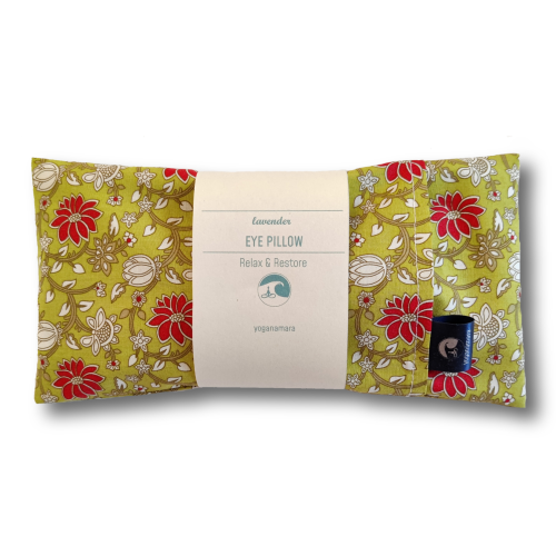 Lavender Eye pillow made in Ireland. Eastern vibes design with white and red lotus flowers on a vibrant green background